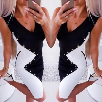 Sexy Deep V-neck Sleeveless Contrast Color Tight Dress