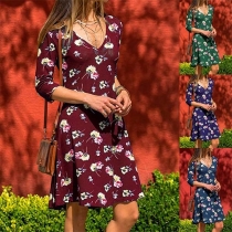 Fashion Long Sleeve V-neck Printed Dress