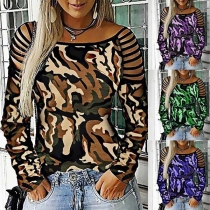 Sexy Off-shoulder Long Sleeve Camouflage Printed T-shirt 