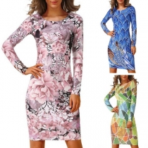 Fashion Long Sleeve Round Neck Slim Fit Printed Dress