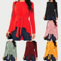 Fashion Solid Color Long Sleeve High-low Hem Lace-up Top 