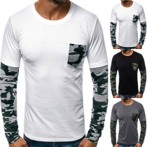 Fashion Camouflage Spliced Long Sleeve Round Neck Man's T-shirt