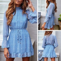 Fresh Style Long Sleeve Stand Collar Ruffle Hem Printed Dress