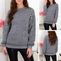 Fashion Long Sleeve Round Neck Beaded Knit Top 