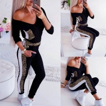 Sexy V-neck Long Sleeve Leopard Spliced Jumpsuit