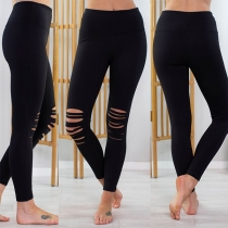 Fashion Solid Color High Waist Ripped Stretch Leggings