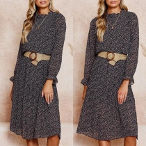 Sweet Style Ruffle Stand Collar Long Sleeve Printed Dress