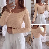 Sexy V-neck Long Sleeve Solid Color Knit Crop Top 