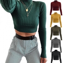 Sexy Solid Color Long Sleeve Mock Neck Knit Crop Top 