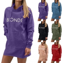 Casual Style Letters Printed Long Sleeve Hooded Sweatshirt Dress
