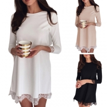 Fashion Solid Color Long Sleeve Round Neck Lace Spliced Dress