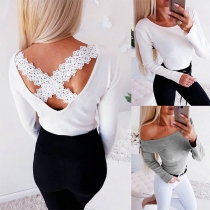 Sexy Lace Spliced Backless Long Sleeve Round Neck Top 