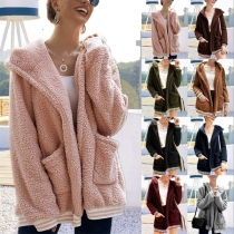 Fashion Solid Color Long Sleeve Hooded Plush Cardigan