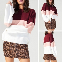 Fashion Contrast Color Long Sleeve Round Neck Knit Top 