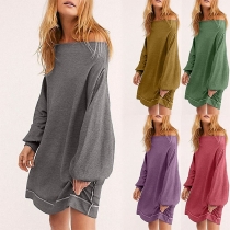 Sexy Off-shoulder Boat Neck Lantern Sleeve Solid Color Dress