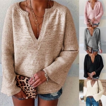 Fashion Trumpet Sleeve V-neck Solid Color Knit Top