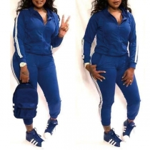 Fashion Striped Spliced Hooded Sweatshirt Coat + Pants Sports Suit 