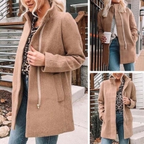 Fashion Solid Color Long Sleeve Stand Collar Woolen Coat