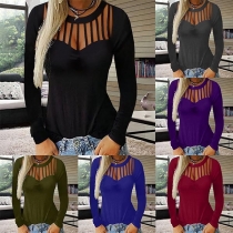 Sexy Long Sleeve Round neck Hollow Out T-shirt