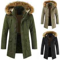 Fashion Solid Color Long Sleeve Faux Fur Spliced Hooded Man's Padded Coat