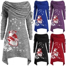 Cute Santa Claus Printed Long Sleeve Cowl Neck Irregular Hem Dress 