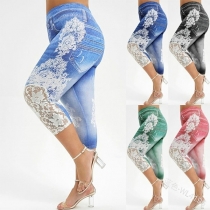 Fashion Middle Waist Lace Spliced Slim Fit Capri Pants