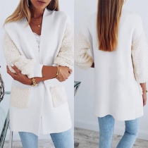 Fashion Plush Spliced Long Sleeve Front-pocket Thin Cardigan 