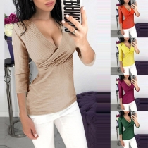 Sexy Deep V-neck Long Sleeve Solid Color Slim Fit Top 