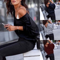 Sexy Backless Dolman Sleeve Round Neck Solid Color Shirt