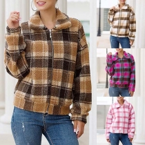 Fashion Long Sleeve POLO Collar Plush Plaid Coat 