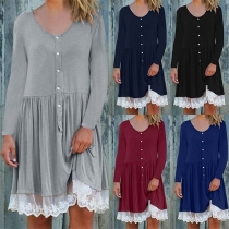 Fashion Long Sleeve Round Neck Lace Spliced Hem Dress