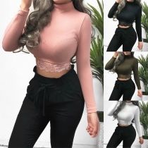 Sexy Long Sleeve Mock Neck Lace Spliced Hem Crop Top