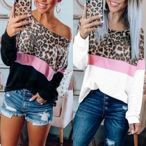 Fashion Leopard Spliced Long Sleeve Round Neck T-shirt 
