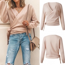Sexy V-neck Long Sleeve Lace-up Hem Solid Color Knit Top 