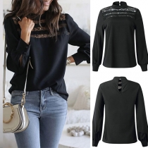 Sexy Lace Spliced Long Sleeve Round Neck Solid Color Blouse 