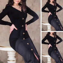 Sexy V-neck Slit Hem Long Sleeve Single-breasted Tight Dress