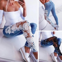 Sexy Hollow Out Lace Spliced Slim Fit Jeans