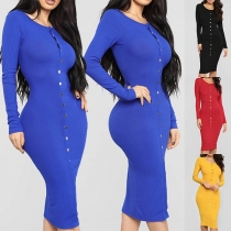 Elegant Solid Color Long Sleeve Front-button Slim Fit Dress