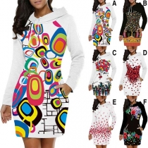 Fashion Long Sleeve Printed Thin Hooded Sweatshirt Dress