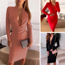 Sexy Deep V-neck Long Sleeve Solid Color Slim Fit Party Dress