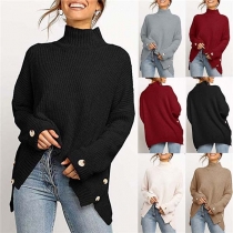 Fashion Solid Color Long Sleeve High Collar Side-button Sweater
