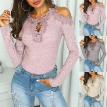 Sexy Off-shoulder Long Sleeve Round Neck Lace Spliced T-shirt 