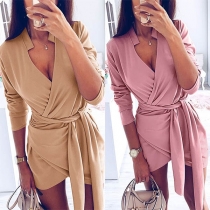 Sexy V-neck Long Sleeve Irregular Hem Lace-up Dress