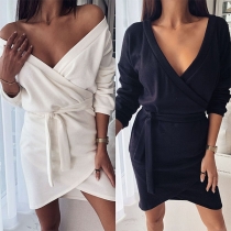 Sexy V-neck Long Sleeve Irregular Hem Solid Color Dress