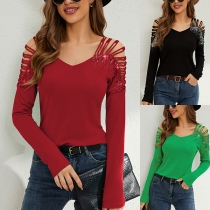 Sexy Hollow Out Long Sleeve Solid Color Rivets T-shirt