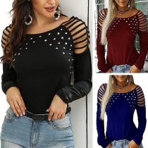 Sexy Hollow Out Long Sleeve Solid Color Rivets T-shirt