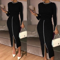 OL Style Long Sleeve Round Neck Slit Hem Slim Fit Dress