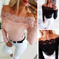 Sexy Lace Spliced Boat Neck Long Sleeve Slim Fit T-shirt (It falls small)