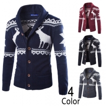 Cute Elk Pattern Long Sleeve Man's Knit Cardigan
