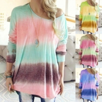 Fashion Color Gradient Long Sleeve Round Neck Loose T-shirt